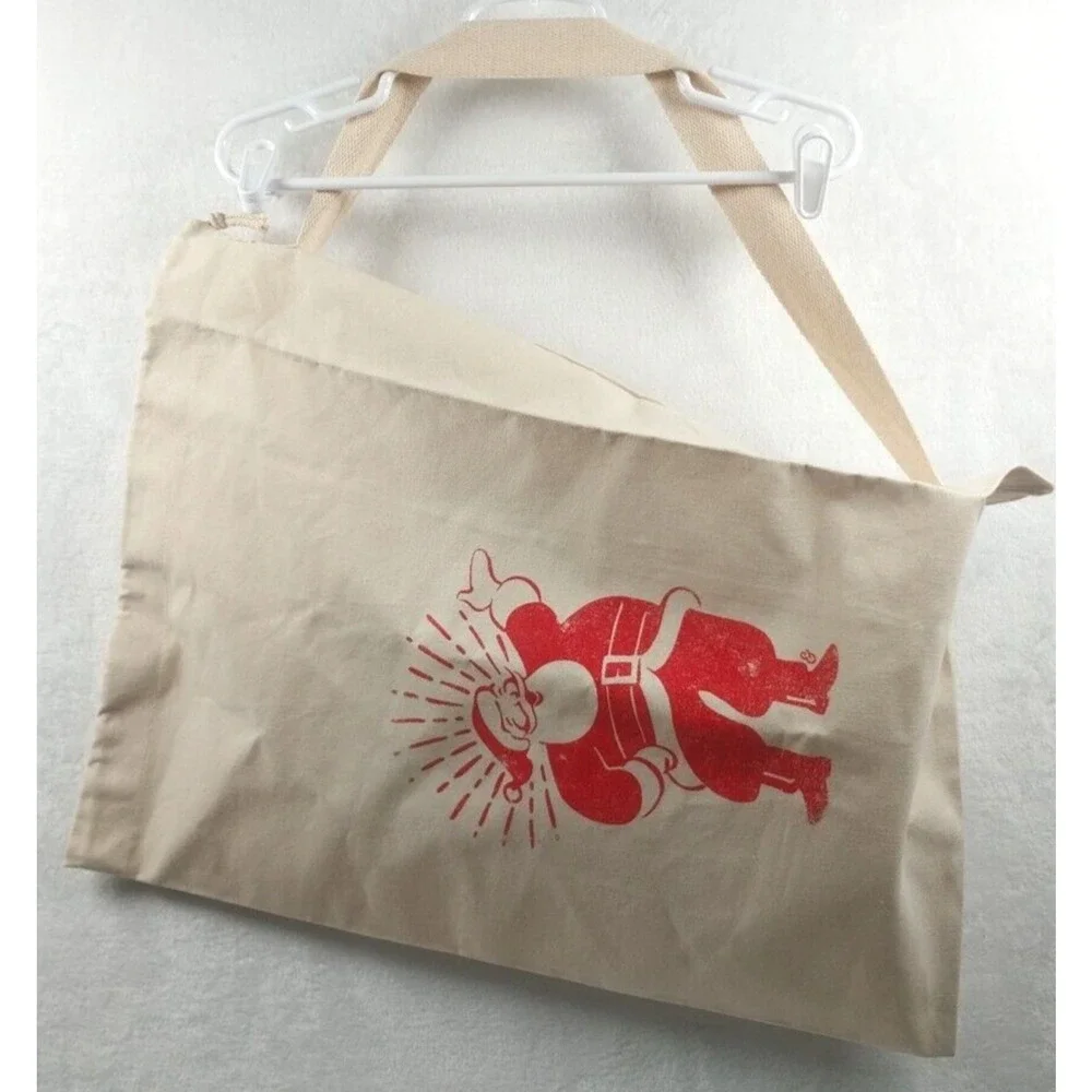 Retro Style Santa Large Canvas Tote Gift Bag Shopping Christmas 24x15 Drawstring